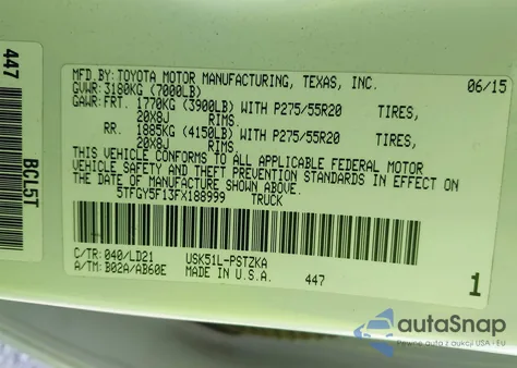 2015 Toyota Tundra 1794 5.7L V8 z USA, uszkodzony, nr VIN 5TFGY5F13FX188999